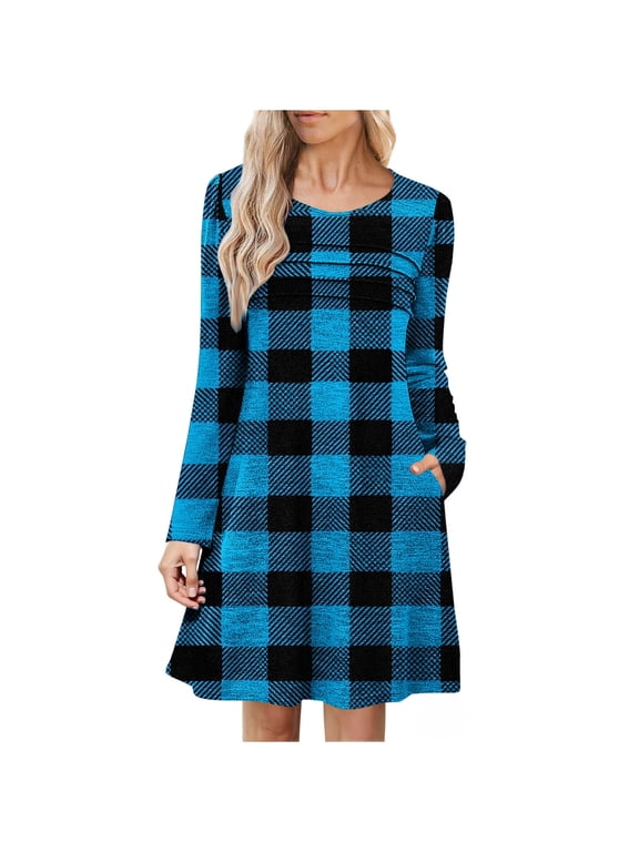 Women's Plaid Long Sleeve Dress Plus Size S - 2XL Casual Tunic Pocket Elastic Waist Smocked Bodice Soft 95% Polyester 5% Spandex Stretchy Dress