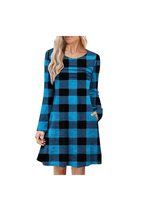 Women's Plaid Long Sleeve Dress Plus Size S - 2XL Casual Tunic Pocket Elastic Waist Smocked Bodice Soft 95% Polyester 5% Spandex Stretchy Dress