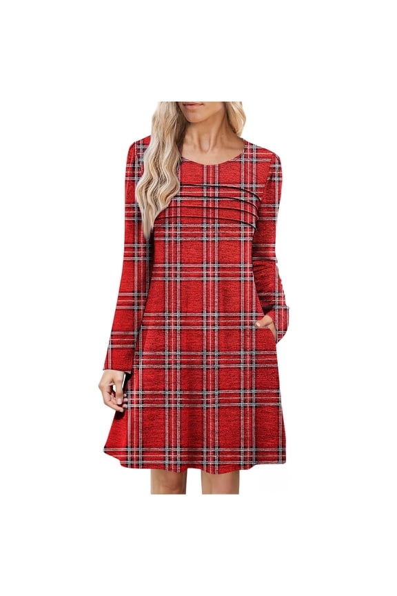 Women's Plaid Long Sleeve Dress Plus Size S - 2XL Casual Tunic Pocket Elastic Waist Smocked Bodice Soft 95% Polyester 5% Spandex Stretchy Dress