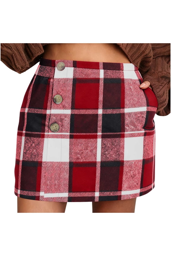 Women's Plaid Mini Skirt Elastic Waist Button Detail Pocket Design Wool Blend 50%Wool 50%Polyester Fall Winter Casual A - Line Skirt for Women Size S - 2XL