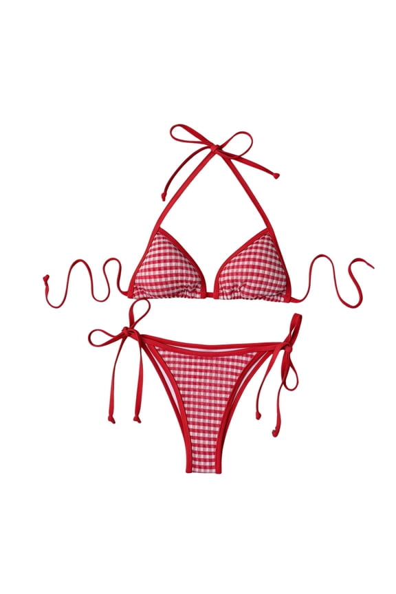 Women's Plaid Padded No Underwire Bikini Set, Adjustable Halter Triangle Top, Tie - Side Bikini Bottoms, Nylon Spandex, 2 - Piece Swimsuit S - 3XL