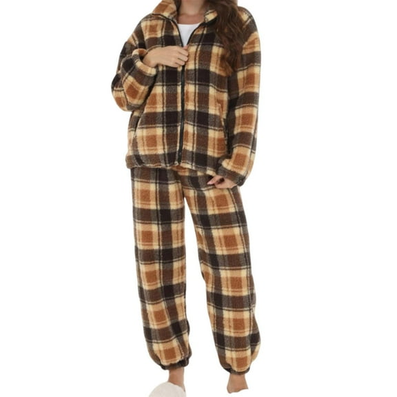 Tnhcen Women's Plaid Pajama Set Zip Up High Neck Long Sleeve Pants Cozy Warm Sleepwear Soft Material Elastic Waist Home Comfort S-XL Yellow