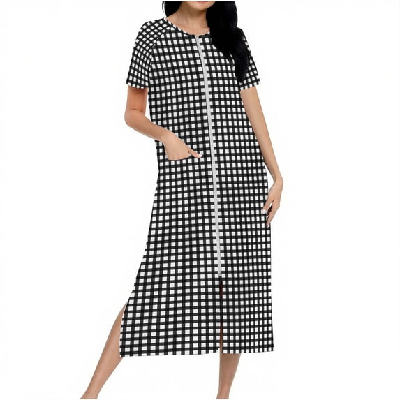 Tnhcen Women's Plaid Zip-Up Long Robe Flannel Sleepwear with Pockets S-2XL Cozy Loungewear Double-Sided Fleece Pajama Dress Multiple Colors Available
