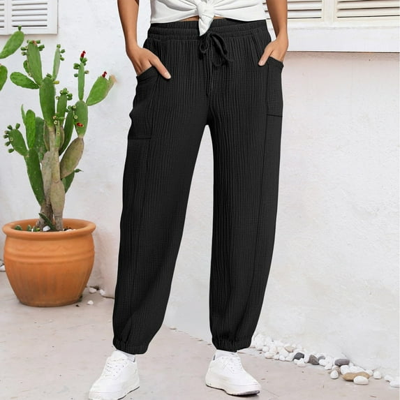 Tnhcen Women's Pleated Jogger Pants with Pockets Pre-Shrunk Cotton-Like Wrinkle Fabric Elastic Waist Athletic Trousers S-2XL Multiple Colors Available
