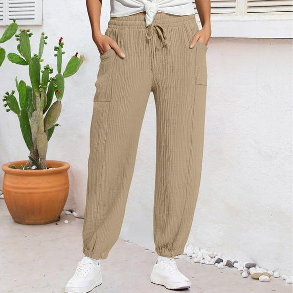Tnhcen Women's Pleated Jogger Pants with Pockets Pre-Shrunk Cotton-Like Wrinkle Fabric Elastic Waist Athletic Trousers S-2XL Multiple Colors Available