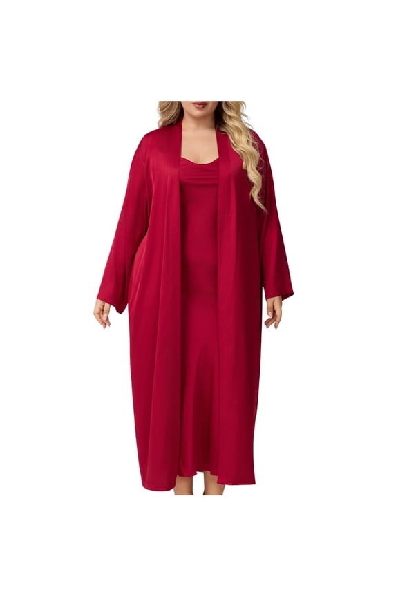Women's Plus Size 2 - Piece Satin Pajamas Set, Nylon Spandex Kimono Robe + Slip Dress, Cozy Soft Loungewear Sleepwear for Women, Elegant Bedroom Outfit XL - 5XL