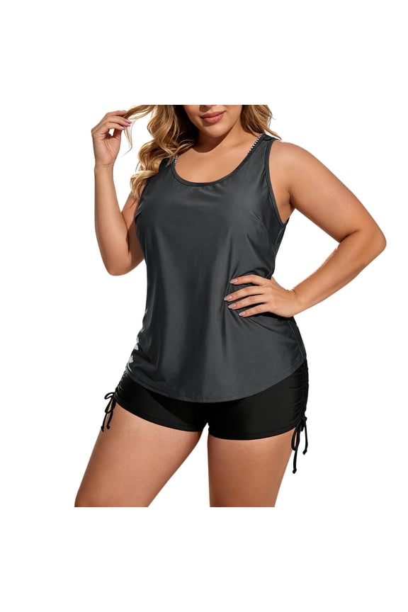 Women's Plus Size 3 Piece Tankini Swimsuit Set, High Waisted Drawstring Swim Trunks, Modest Swimwear with Built - in Bra Pads, Nylon Spandex, S - 3XL