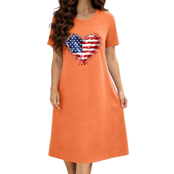 Tnhcen Women's Plus Size 4th of July Sleep Dress, American Flag Heart Print Nightgown, Short Sleeve Short Nightie, Loose Fit Pajamas S-5XL