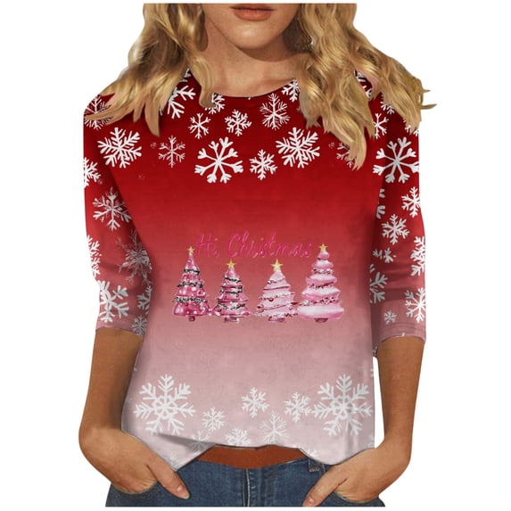 Tnhcen Women's Plus Size Christmas Print Crewneck 7/8 Sleeve T-Shirt - Fall Essentials Loose Fit S-5XL Casual Shirts