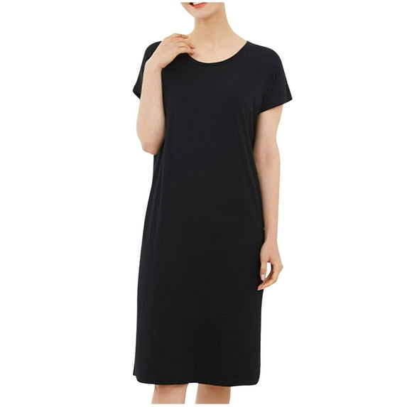 Tnhcen Women's Plus Size Cotton Sleepwear Dress - Solid Color Crew Neck Loose Fit Midi Nightgown with Built-in Bra Comfortable Home Dress (M-4XL)