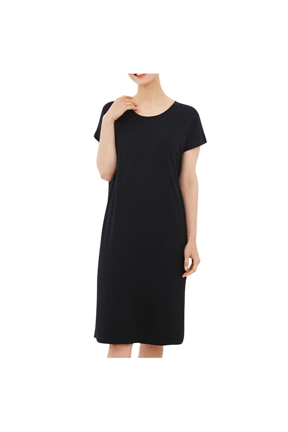 Women's Plus Size Cotton Sleepwear Dress - Solid Color Crew Neck Loose Fit Midi Nightgown with Built-in Bra Comfortable Home Dress (M-4XL)