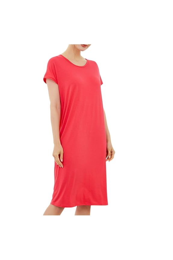 Women's Plus Size Cotton Sleepwear Dress - Solid Color Crew Neck Loose Fit Midi Nightgown with Built-in Bra Comfortable Home Dress (M-4XL)