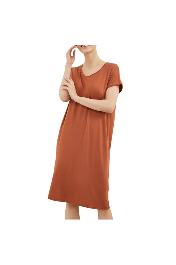 Women's Plus Size Cotton Sleepwear Dress - Solid Color Crew Neck Loose Fit Midi Nightgown with Built-in Bra Comfortable Home Dress (M-4XL)