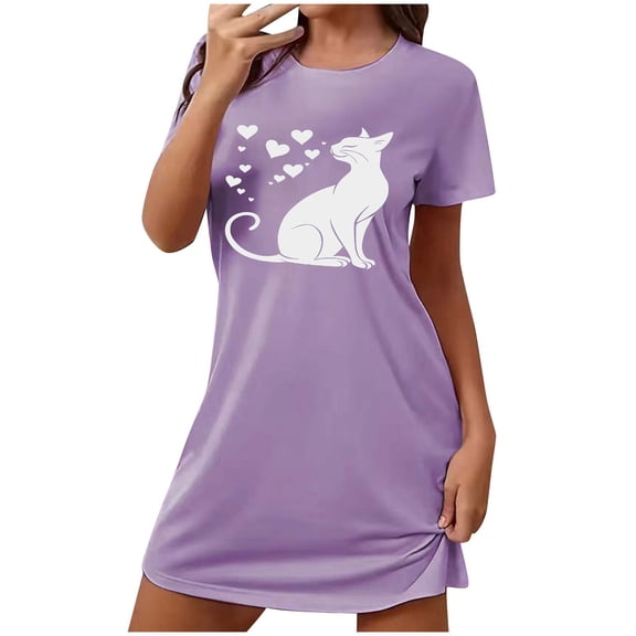 Tnhcen Women's Plus Size Cute Cat Print Sleepshirt Short Nightgown with Round Neck Double Brushed Fleece Sleepwear Soft Milk Silk Nightdress Comfortable Short Sleeve Nightie S-2XL
