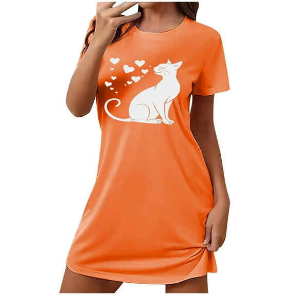 Tnhcen Women's Plus Size Cute Cat Print Sleepshirt Short Nightgown with Round Neck Double Brushed Fleece Sleepwear Soft Milk Silk Nightdress Comfortable Short Sleeve Nightie S-2XL