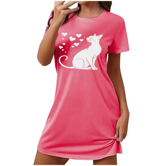 Tnhcen Women's Plus Size Cute Cat Print Sleepshirt Short Nightgown with Round Neck Double Brushed Fleece Sleepwear Soft Milk Silk Nightdress Comfortable Short Sleeve Nightie S-2XL