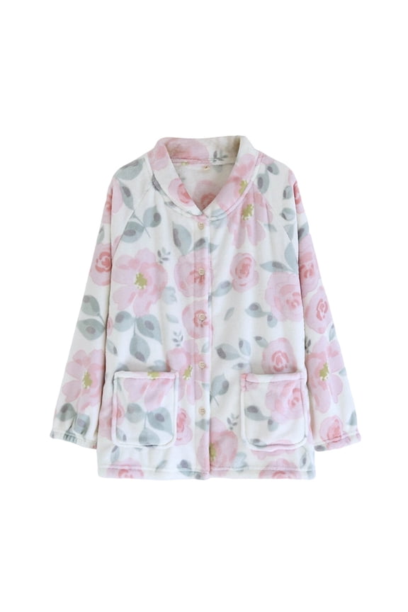 Women's Plus Size Flannel Pajama Set Fleece Lined Thermal Sleepwear Floral Print Button Down Long Sleeve Loungewear with Pockets Cozy Home Wear M-XL