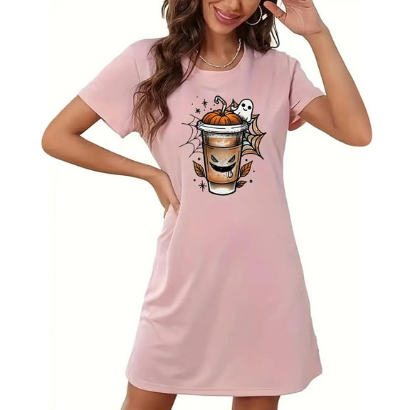 Tnhcen Women's Plus Size Halloween Funny Cartoon Print Crewneck Short Sleeve Sleepdress | Soft Polyester Spandex | S-2XL