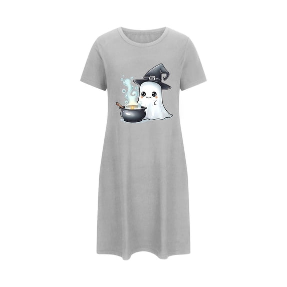 Tnhcen Women's Plus Size Halloween Nightgown Short Sleeve Round Neck Ghost Print Sleepwear Spooky Season Home Dress 3XL-5XL Gray