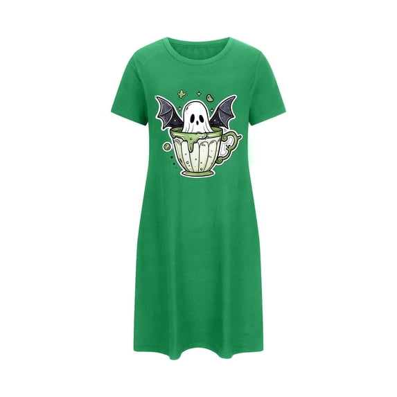 Tnhcen Women's Plus Size Halloween Nightgown Short Sleeve Round Neck Ghost Print Sleepwear Spooky Season Home Dress 3XL-5XL Multiple Colors Available Green