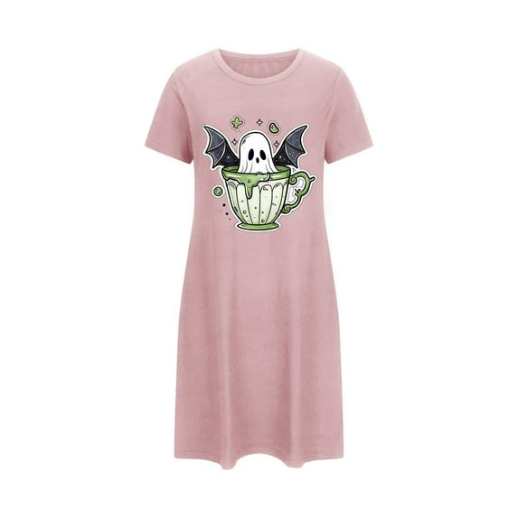 Tnhcen Women's Plus Size Halloween Nightgown Short Sleeve Round Neck Ghost Print Sleepwear Spooky Season Home Dress 3XL-5XL Multiple Colors Available Pink