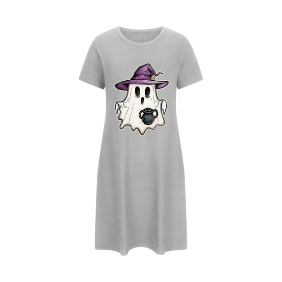 Tnhcen Women's Plus Size Halloween Sleepdress Cute Ghost Print Short Nightgown Milk Silk Double-Sided Fleece Sleepwear 3XL-5XL Holiday Themed Pajamas