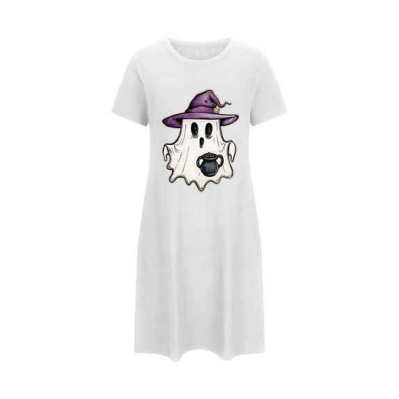 Tnhcen Women's Plus Size Halloween Sleepdress Cute Ghost Print Short Nightgown Milk Silk Double-Sided Fleece Sleepwear 3XL-5XL Holiday Themed Pajamas