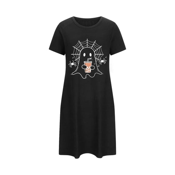 Tnhcen Women's Plus Size Halloween Sleepdress Ghost Print Short Nightgown Milk Silk Double-Sided Fleece 3XL-5XL Comfortable Holiday Sleepwear