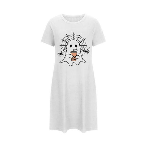 Tnhcen Women's Plus Size Halloween Sleepdress Ghost Print Short Nightgown Milk Silk Double-Sided Fleece 3XL-5XL Comfortable Holiday Sleepwear