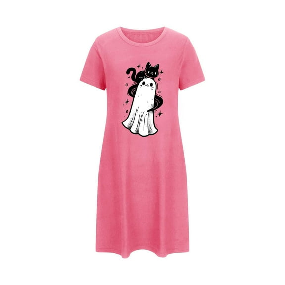 Tnhcen Women's Plus Size Halloween Sleepshirt Nightgown Cute Ghost Print Short Sleeve Comfortable Sleepwear 3XL-5XL Hot Pink