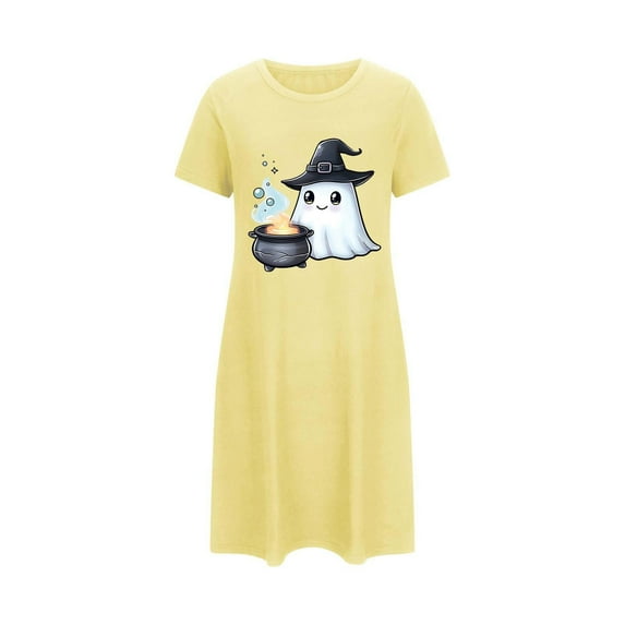 Tnhcen Women's Plus Size Halloween Sleepshirt Nightgown Cute Ghost Print Short Sleeve Comfortable Sleepwear 3XL-5XL Multiple Colors Available Yellow