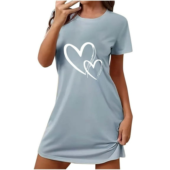 Tnhcen Women's Plus Size Heart Print Short Sleep Dress – Round Neck Short Sleeve S-2XL for Trendy Loungewear & Everyday Comfort