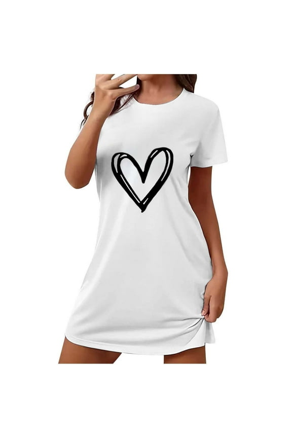 Women's Plus Size Heart Print Short Sleeve Sleep Dress | Round Neck Polyester Spandex Loungewear S-2XL Comfortable Summer Pajamas