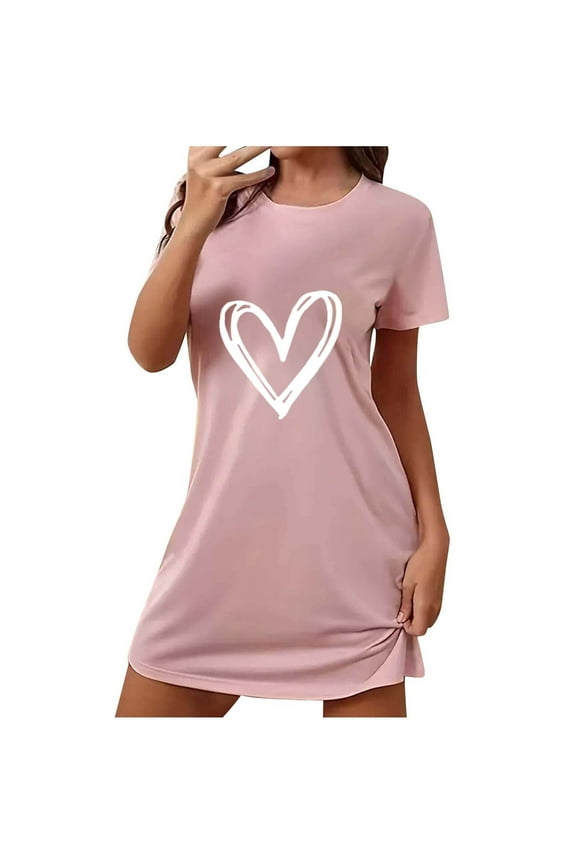 Women's Plus Size Heart Print Short Sleeve Sleep Dress | Round Neck Polyester Spandex Loungewear S-2XL Comfortable Summer Pajamas