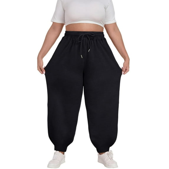 Tnhcen Women's Plus Size Jogger Pants Elastic Drawstring Waist Wide Leg Sweatpants Solid Color Casual Athletic Running Trousers with Pockets Japanese Fleece Fabric L-4XL