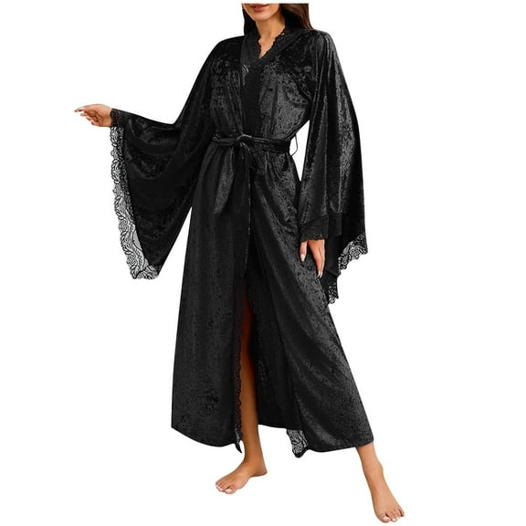 Tnhcen Women's Plus Size Kimono Robe Lace Trim Velvet Sleepwear Open Front Long Sleeve Loungewear Soft Comfortable S-L Black