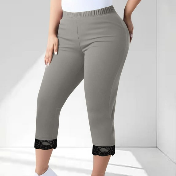 Tnhcen Women's Plus Size Lace Trim Yoga Pants Capri Polyester Spandex Milk Fleece Slim-Fit Workout Casual Pants L-5XL Multiple Colors Available