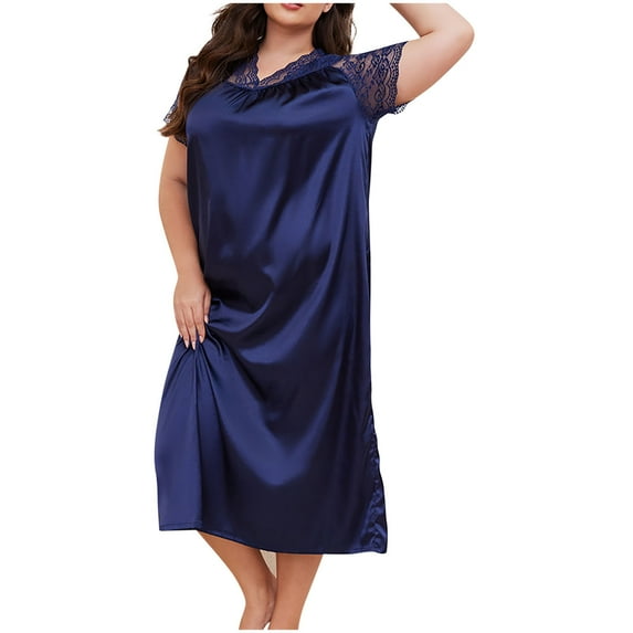 Tnhcen Women's Plus Size Loose Fit Nylon Spandex Sleep Dress - Cool Silk Short Sleeve Lace Trim Pajama Dress (XL-5XL) for Breathable Home & Casual Loungewear