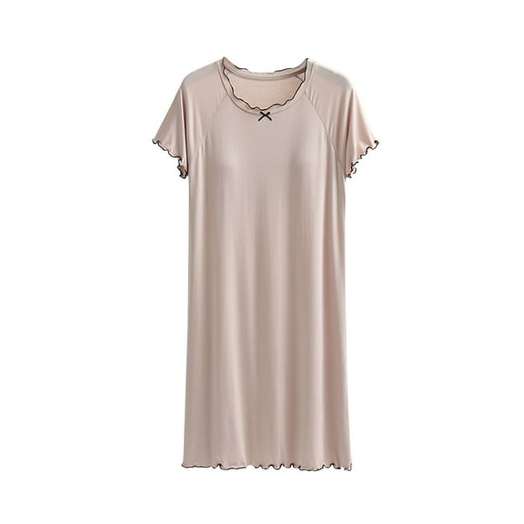 Tnhcen Women's Plus Size Modal Sleep Dress - Bowknot Crewneck Built-in Bra Pads Wrinkled Edge Short Sleeve Pajama Dress (M-2XL) for Soft Casual Loungewear