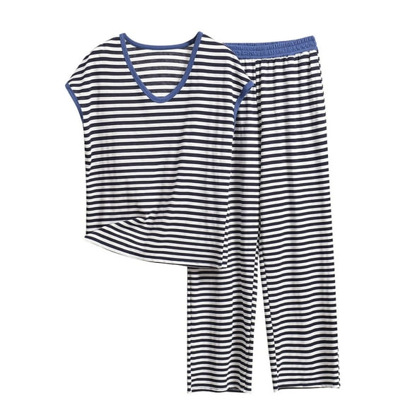 Tnhcen Women's Plus Size Modal Stripe Sleepwear Set V-Neck Sleeveless Tank Top + Loose Pants with Side Pockets Soft 20% Modal-Cotton-Polyester Blend XL-8XL