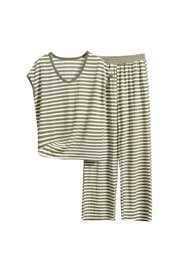 Women's Plus Size Modal Stripe Sleepwear Set V-Neck Sleeveless Tank Top + Loose Pants with Side Pockets Soft 20% Modal-Cotton-Polyester Blend XL-8XL