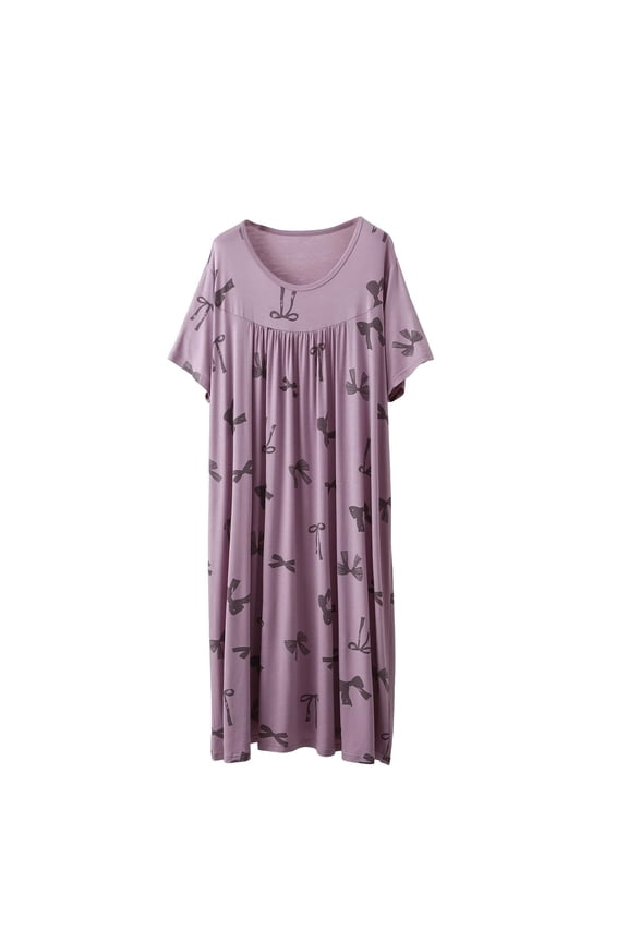 Women's Plus Size Nightgown, Short Sleeve Sleep Dress, Soft Modal Blend Loungewear, Cute Bowknot Print, Loose Fit Comfortable Sleepwear for Women, XL 2XL
