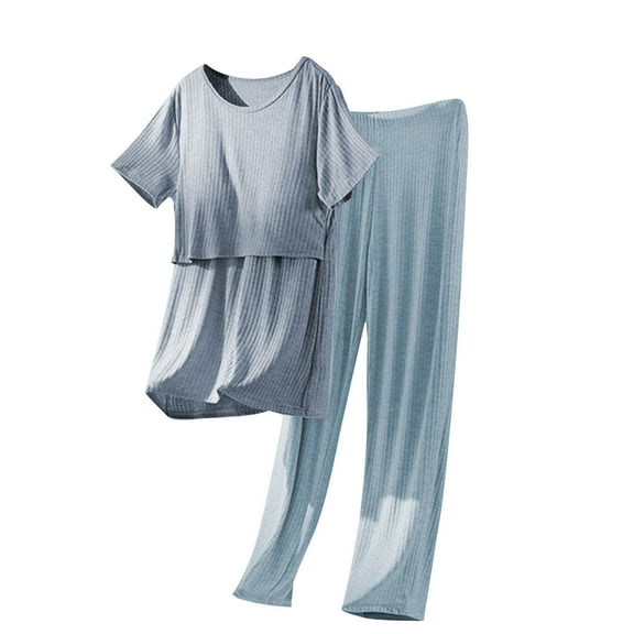 Tnhcen Women's Plus Size Nursing Maternity Pajama Set Soft Solid Color Round Neck Short Sleeve Top with Built-in Bra Lounge Pants M-3XL