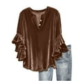 thumbnail image 1 of Tnhcen Women's Plus Size Ruffle Sleeve V Neck Velvet Blouse Shirt Casual Top 100% Polyester Gold Finger Button Front 7/8 Sleeve Tunic Black White Navy, 1 of 6