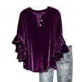 thumbnail image 1 of Tnhcen Women's Plus Size Ruffle Sleeve V Neck Velvet Blouse Shirt Casual Top 100% Polyester Gold Finger Button Front 7/8 Sleeve Tunic Black White Navy, 1 of 6