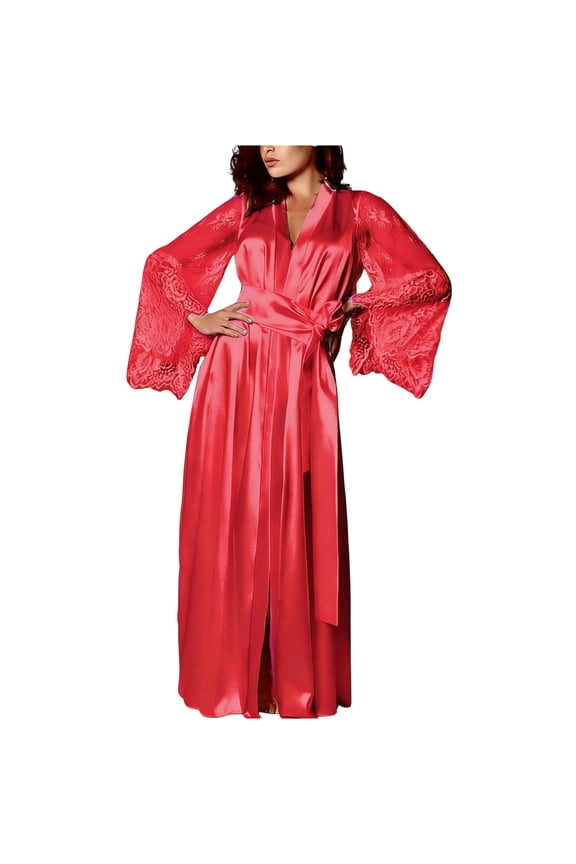Women's Plus Size Satin Robe with Lace Trim, Long Sleeve Nightgown Pajama Bathrobe, Tie Front Closure, Nylon Spandex Blend, Smooth Matte Finish, S-5XL