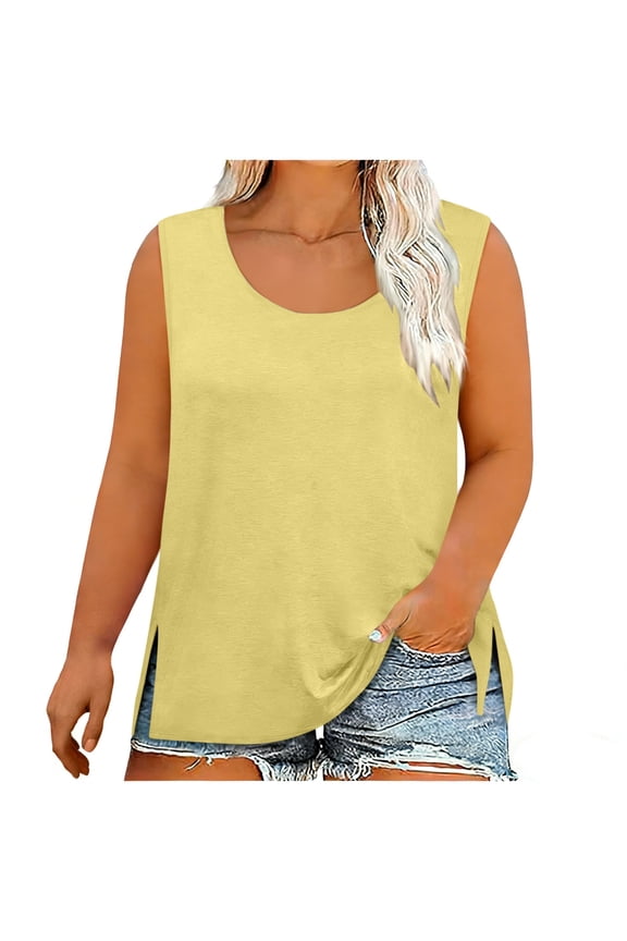 Women's Plus Size Sleepwear Big Size Tank Top, Summer Cotton Like Loungewear Vest, Oversized Night Shirt for Women, Soft Round Neck Side Slit Camisole Loose Fit Sleep Tee L-5XL