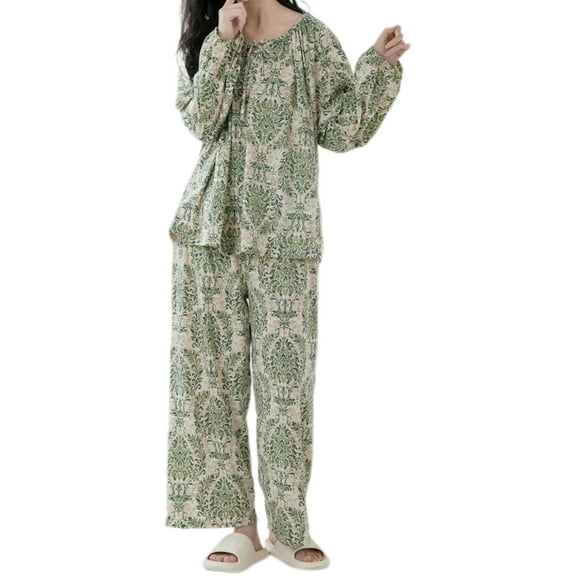 Tnhcen Women's Plus Size Summer Two Piece Pajamas Sets Long sleeves Floral Blouse Pants Homewear M-2XL