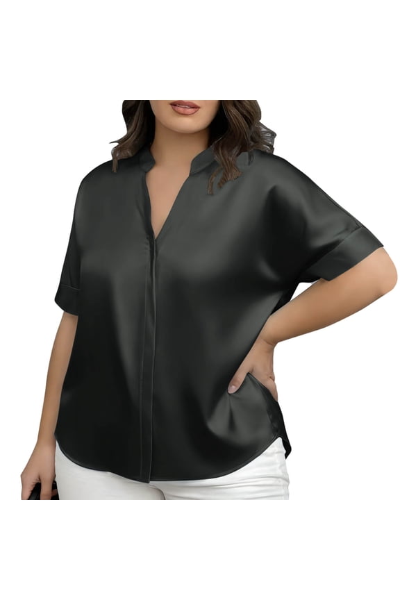 Women's Plus Size V-Neck Satin Blouse, Loose Fit Short Sleeve Shirt, Chic Curvy Tops for Women, Elegant Casual & Office Wear, Sizes L-5XL