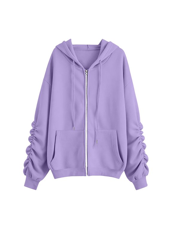 Women's Plus Size Zip Up Hoodie with Ruched Sleeves & Pockets, Drawstring Long Sleeve Casual Sweatshirt Jacket, Japanese Fleece Loose Fit Pullover for Fall Winter